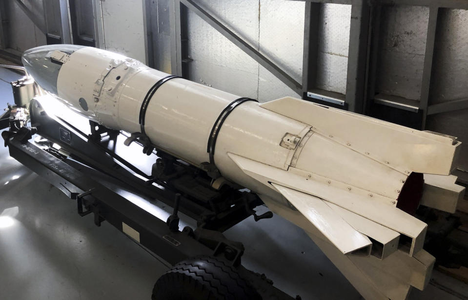 The Douglas Genie air-to-air missile is displayed at the Air Mobility Command Museum at Dover Air Force Base in Dover, Del., on Oct. 22, 2022. The Genie is the weapon used on the fighter planes in the squadron in which Gary Fields’ father, Willie "Bill" Mount Jr., served in the 1960s. The F101B Voodoos carried two of the missiles, which were designed to be used against incoming enemy bomber formations. Each missile was armed with a 1.5-kiloton atomic warhead. (AP Photo/Gary Fields)