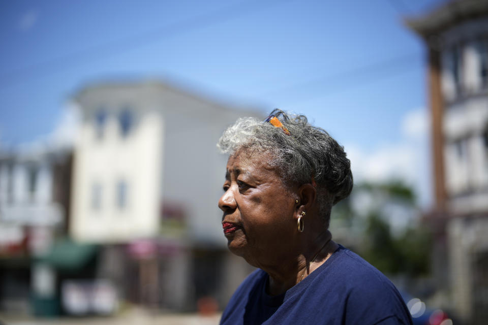 Philadelphia resident Janice Trapp pauses while talking with a reporter after a meeting of community leaders in response to a fatal shooting spree, Thursday, July 6, 2023, in Philadelphia. The shooting left five people dead and four others wounded Monday night. (AP Photo/Matt Slocum)