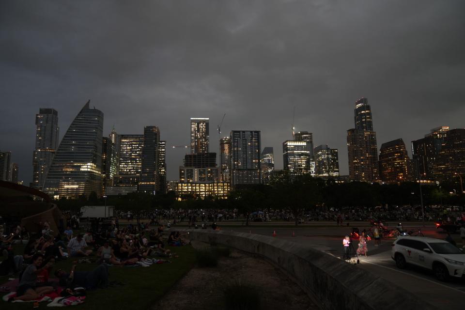 Downtown Austin goes dark during totality of the solar eclipse on Monday, April 8, 2024.