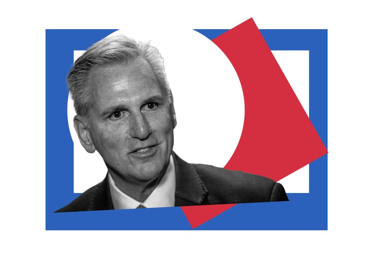 Kevin McCarthy in a frame that is red, white, and blue. 