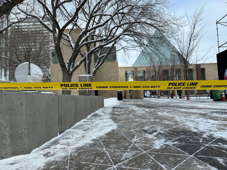 Yellow police tape outside Edmonton city hall after the building was evacuated Wednesday.