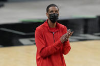 Houston Rockets head coach Stephen Silas looks on during the second half of an NBA basketball game against the San Antonio Spurs in San Antonio, Thursday, Jan. 14, 2021. (AP Photo/Eric Gay)