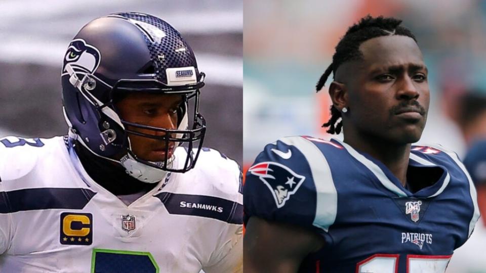NFL star Russell Wilson of the Seattle Seahawks (left) is advocating for the return of wide receiver Antonio Brown (right), <br>shown before the New England Patriots’ Sept. 2019 game against the Miami Dolphins. <br>(Photos by Kevin C. Cox/Getty Images and Michael Reaves/Getty Images)