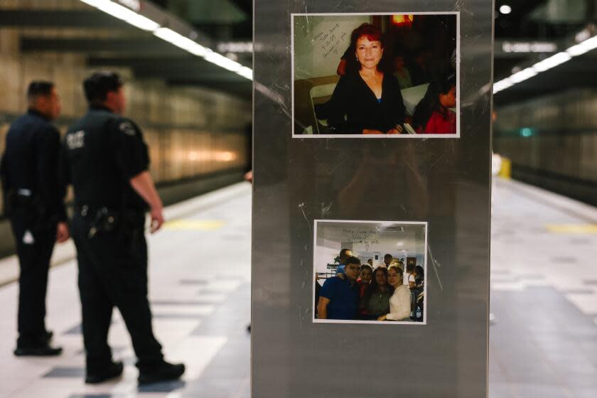 Los Angeles, CA - April 29: A memorial for Mirna Soza is seen at the Universal City Metro platform on Monday, April 29, 2024 in Los Angeles, CA. Soza was stabbed and killed while exiting the platform recently. (Dania Maxwell / Los Angeles Times)