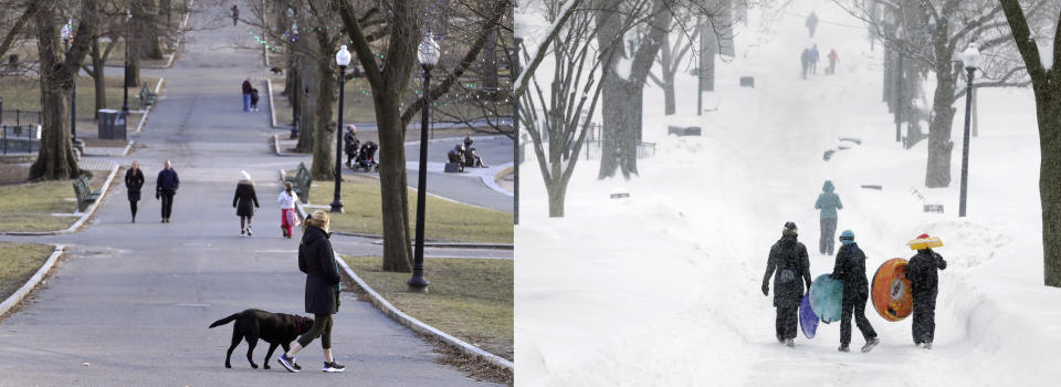 This two picture combination shows scenes from a mild day on Feb. 13, 2023, at left, and a snowy day on Feb. 9, 2015, at right, as people walk through the Boston Common in Boston. Snow totals are far below average from Boston to Philadelphia in 2023 and warmer temperatures have often resulted in more spring-like days than blizzard-like conditions. (AP Photo/Steven Senne)