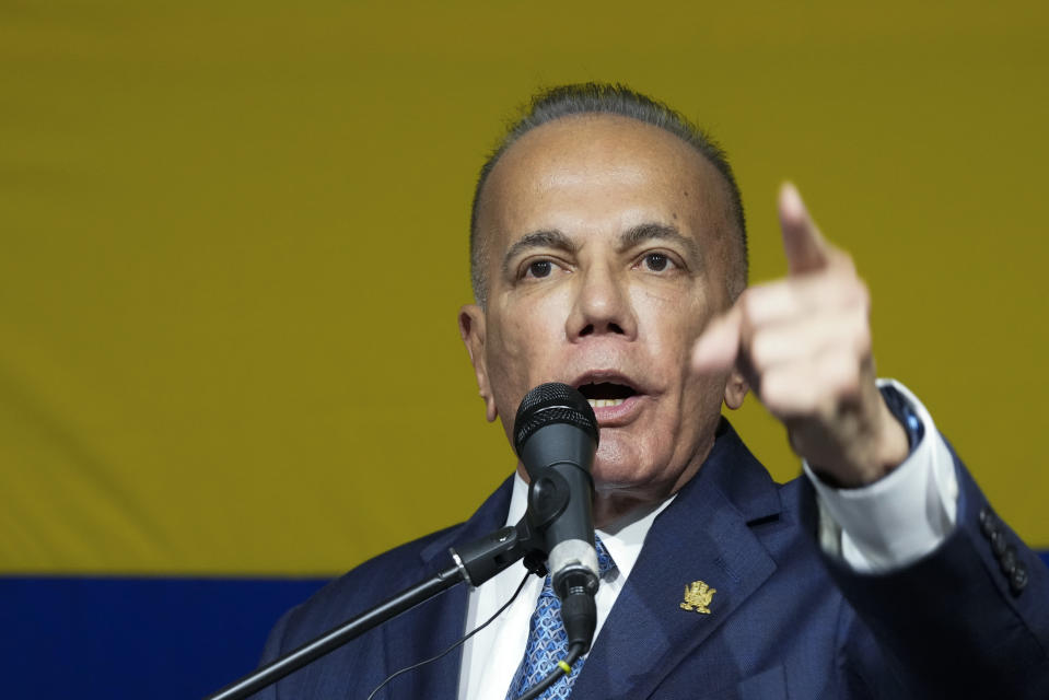 Presidential candidate Manuel Rosales gives a press conference in Caracas, Venezuela, Tuesday, March 26, 2024. Elections are set for July 28. (AP Photo/Matias Delacroix)