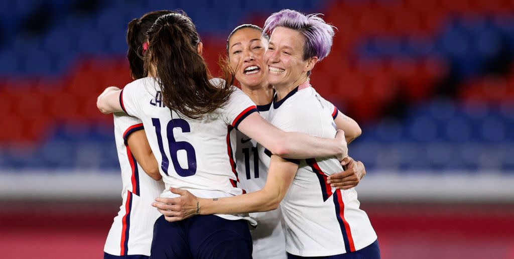 yokohama, japan   july 30 rapinoe megan 15 of united states celebrates the victory after penalty shot out of the womens quarter final match between netherlands and united states on day seven of the tokyo 2020 olympic games at international stadium yokohama on july 30, 2021 in yokohama, kanagawa, japan photo by zhizhao wugetty images