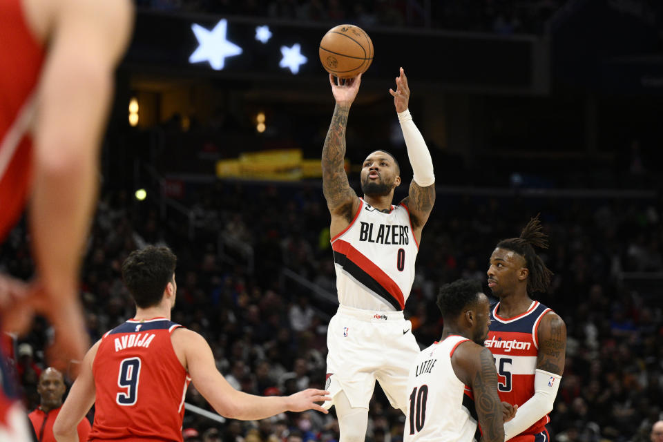 Portland Trail Blazers guard Damian Lillard is one of the 2023 NBA All-Star Saturday 3-Point Contest participants. (AP Photo/Nick Wass)