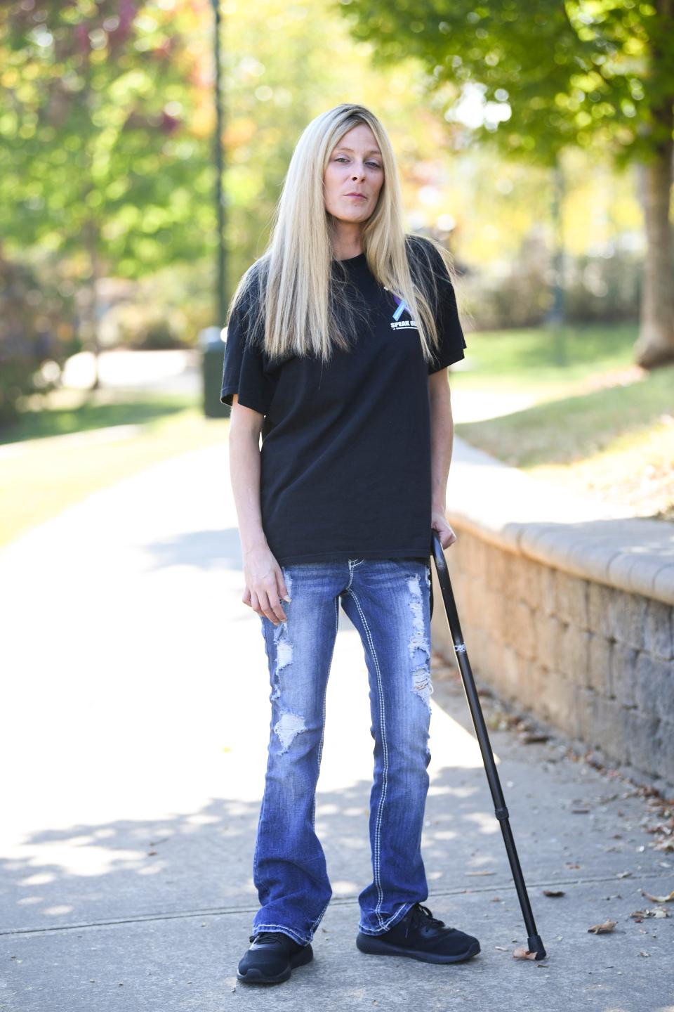Mikayla Evans, who fell five stories from a condo in Johnson City in 2020, poses for a photo in Johnson City, Thursday, Oct. 12, 2023. Evans is now fighting to have her voice heard in the case of an alleged serial rapist that has rocked the town of Johnson City with allegations of police corruption, two federal lawsuits and a scathing audit that exposed systemic failures in the way police investigated sexual assaults.