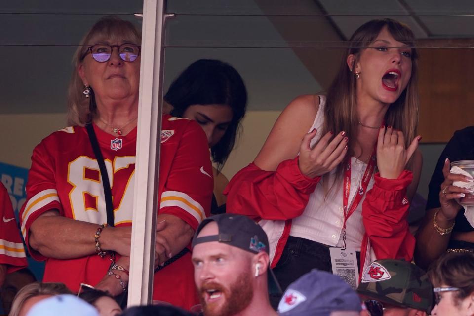 Taylor Swift watches from a suite alongside Travis Kelce's mother, Donna Kelce, inside Arrowhead Stadium during the Chicago Bears and Kansas City Chiefs football game on Sunday, Sept. 24, 2023, in Kansas City, Missouri.