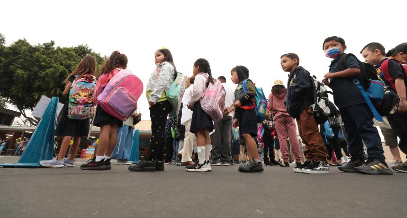 Los Angeles, CA - August 14: Lenicia B. Weemes Elementary School on Monday, Aug. 14, 2023 in Los Angeles, CA. Fourth grade students form lines as they assemble for the first day of school at Lenicia B. Weemes Elementary School on the first day of classes for LAUSD students. (Al Seib / For The Times)