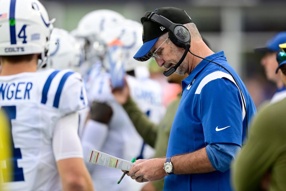 FOXBOROUGH, MASSACHUSETTS - NOVEMBER 06: Head coach Frank Reich of the Indianapolis Colts looks on during the second half of a game against the New England Patriots at Gillette Stadium on November 06, 2022 in Foxborough, Massachusetts. (Photo by Billie Weiss/Getty Images)