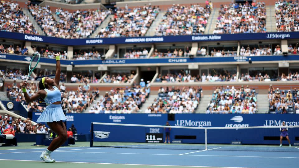 Gauff serves against Svitolina inside the Arthur Ashe Stadium on Friday. - Jamie Squire/Getty Images