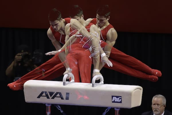 <div class="caption-credit"> Photo by: Julie Jacobsen</div><div class="caption-title">Chris Brooks</div>Chris Brooks competes on the pommel horse at the men's finals on June 29, 2012.