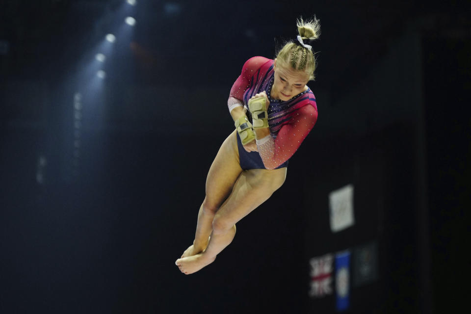 Jade Carey of the U.S. competes on the vault during the Women's All-Around Final at the Men's Team Final during the Artistic Gymnastics World Championships at M&S Bank Arena in Liverpool, England, Thursday, Nov. 3, 2022. (AP Photo/Jon Super)