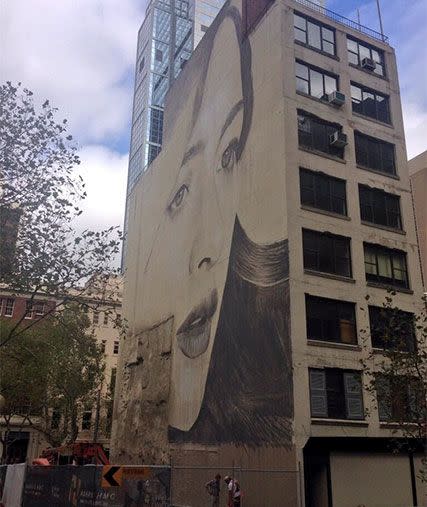 A ginat mural has been unveiled in Melbourne's CBD. Photo: Twitter (@melinasarris)