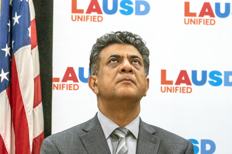 Soheil Katal, Chief Information Officer Los Angeles Unified School District, the nation's second-largest school district, looks up during a news conference in Los Angeles Tuesday, Sept. 6, 2022, about an external cyberattack on the LAUSD information systems during the Labor Day weekend. A district statement says the ransomware attack occurred during the long holiday weekend and is likely criminal in nature. The district was able to open its schools as usual Tuesday morning and does not expect problems with instruction and such services as transportation and food. (AP Photo/Damian Dovarganes)