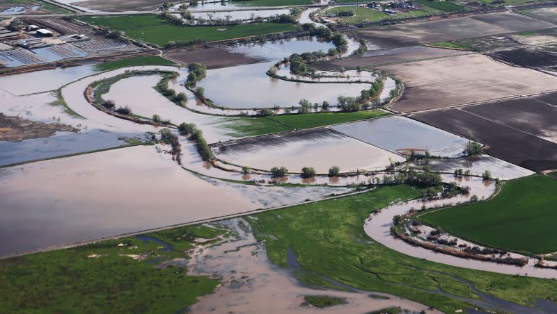 Flooding in Weber County due to snowmelt is photographed from above on Wednesday. More flooding is expected in northern Utah this week, especially as the Bear and Ogden rivers flow above flood stages.