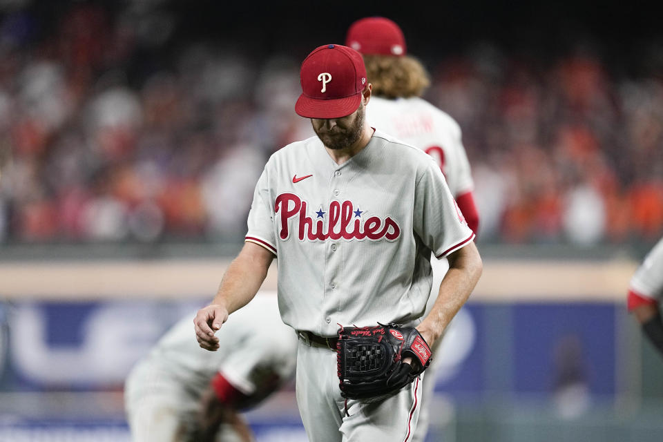 Philadelphia Phillies starting pitcher Zack Wheeler leaves the game during the sixth inning in Game 6 of baseball's World Series between the Houston Astros and the Philadelphia Phillies on Saturday, Nov. 5, 2022, in Houston. (AP Photo/Tony Gutierrez)