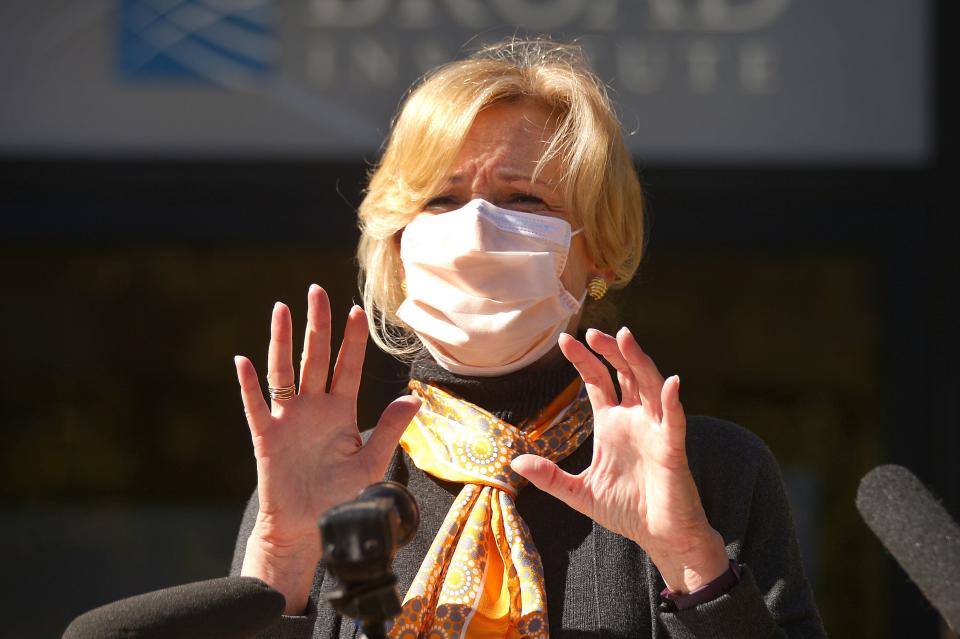 Dr. Deborah Birx speaks to the media outside the Broad Institute in Cambridge, Massachusetts, on Oct. 9. This week, she urged the White House to take “much more aggressive action” to tackle COVID-19, according to The Washington Post.  (Photo by John Tlumacki/The Boston Globe via Getty Images)