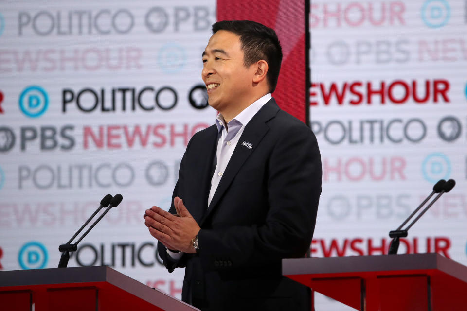 Democratic presidential candidate Andrew Yang smiles ahead of the Democratic presidential primary debate at Loyola Marymount University in Los Angeles on Dec. 19, 2019. | Justin Sullivan—Getty Images