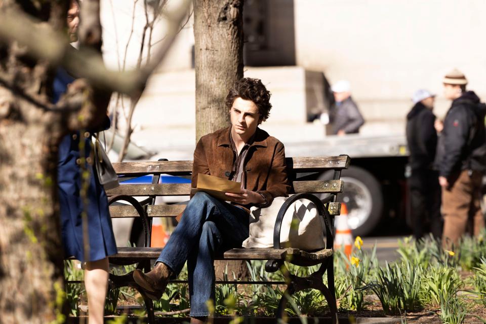 Timothee Chalamet filming A Complete Unknown in Lower Manhattan, New York