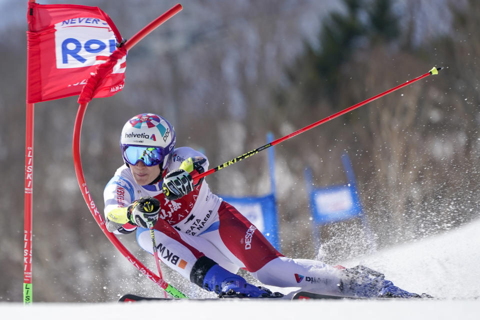 Marco Odermatt of Switzerland competes in the men's giant slalom during the FIS Alpine Ski World Cup at Naeba Ski Resort in Yuzawa, Niigata prefecture, northern Japan, Saturday, Feb. 22, 2020. (AP Photo/Christopher Jue)