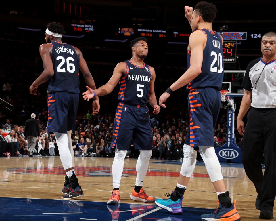 For at least one night, Mitchell Robinson, Dennis Smith Jr. and Kevin Knox looked like promising young pieces for the Knicks. (Photo by Nathaniel S. Butler/NBAE via Getty Images)