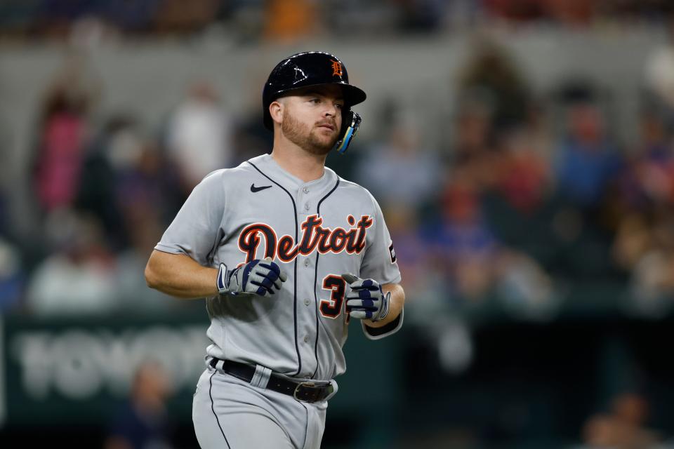 Detroit Tigers catcher Jake Rogers (34) rounds the bases after hitting a two-run home run against the Texas Rangers in the sixth inning at Globe Life Field in Arlington, Texas, on Monday, June 26, 2023.
