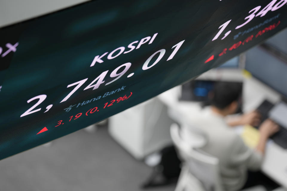 The screen showing the Korea Composite Stock Price Index (KOSPI) is seen at a foreign exchange dealing room in Seoul, South Korea, Friday, March 29, 2024. Asian shares were mostly higher Friday in quiet holiday trading, with markets closed in Hong Kong, Sydney, Singapore and India, among other places. (AP Photo/Lee Jin-man)