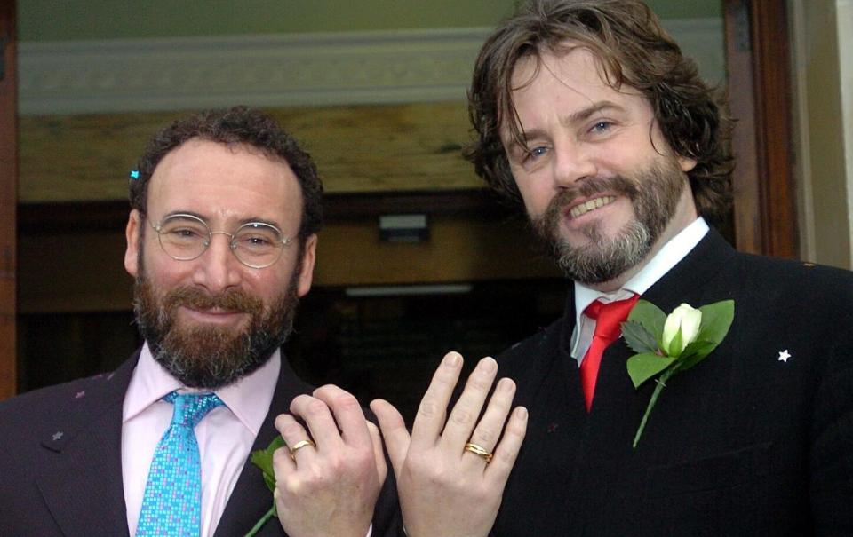 Sher and Doran outside Islington Town Hall after their civil partnership ceremony, 2005 - PA