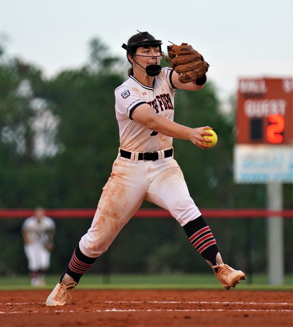 South Fork's Katie Kidwell fires a pitch during the Region 4-5A championship game against Pembroke Pines Charter on Friday, May 19, 2023 in Stuart. The Bulldogs won 8-3 to advance to the state semifinals.