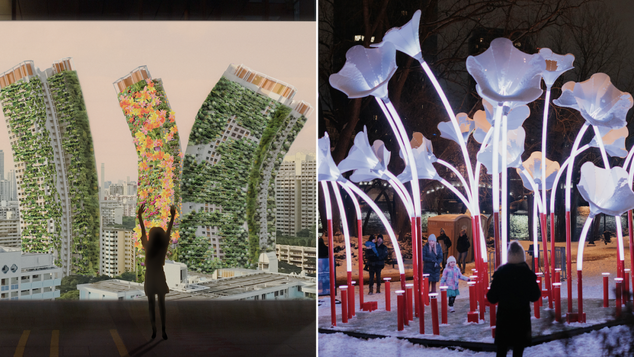 Block Party light art installation (left) and Trumpet Flowers installation at i Light Singapore 2023 (Photos: i Light Singapore) 