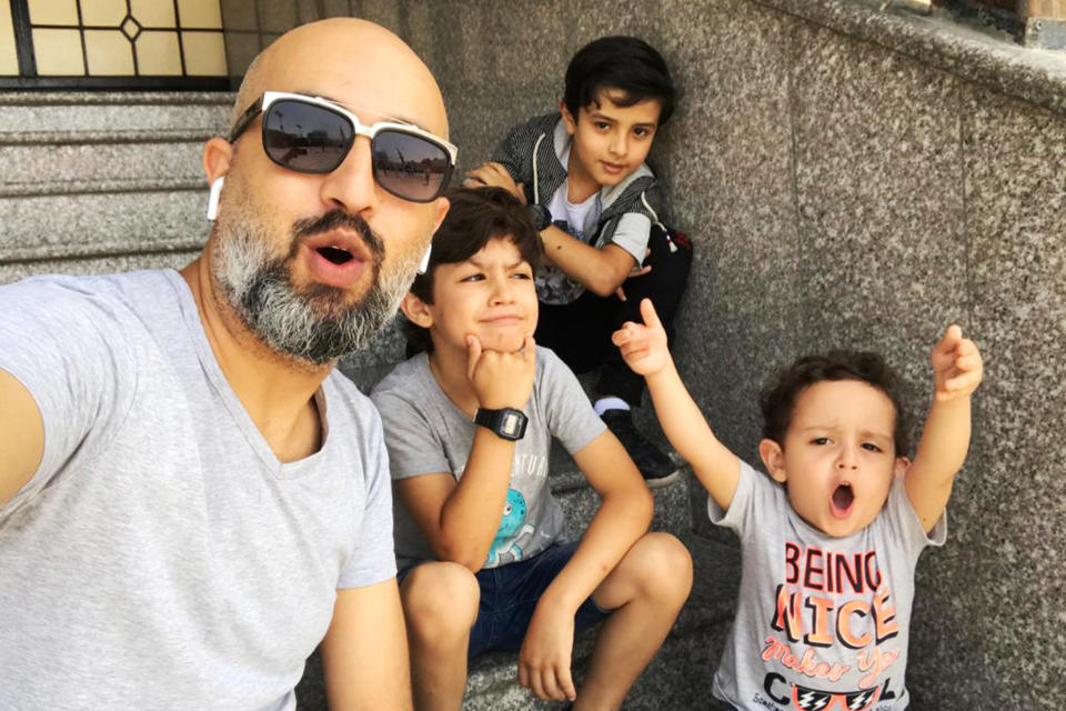 Fadi Ali Abushammala and his three sons Ali, Karam and Adam at their home in the city of Khan Yunis in July 2020, 10 months before the conflict began.  (Fadi Ali Abushammala)