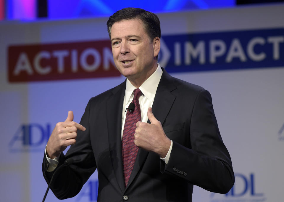 <p> FILE - In this May 8, 2017, file photo, then-FBI Director James Comey speaks to the Anti-Defamation League National Leadership Summit in Washington. The White House is disputing a report that President Donald Trump asked Comey to shut down an investigation into ousted national security adviser Michael Flynn. (AP Photo/Susan Walsh, File) </p>