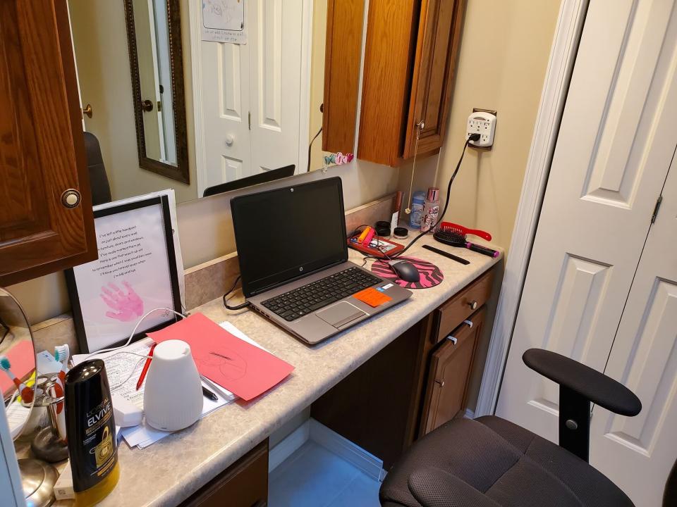 Food bank worker Angela Small transformed her master bathroom into a home office. (Photo: Angela Small)