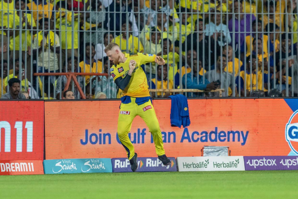Ben Stokes of Chennai Super Kings takes the catch to dismiss Deepak Hooda of Lucknow Super Giants during the Indian Premier League cricket match between the Chennai Super Kings and the Lucknow Super Giants in Chennai, India, Monday, April 3, 2023. (AP Photo/ R. Parthibhan)