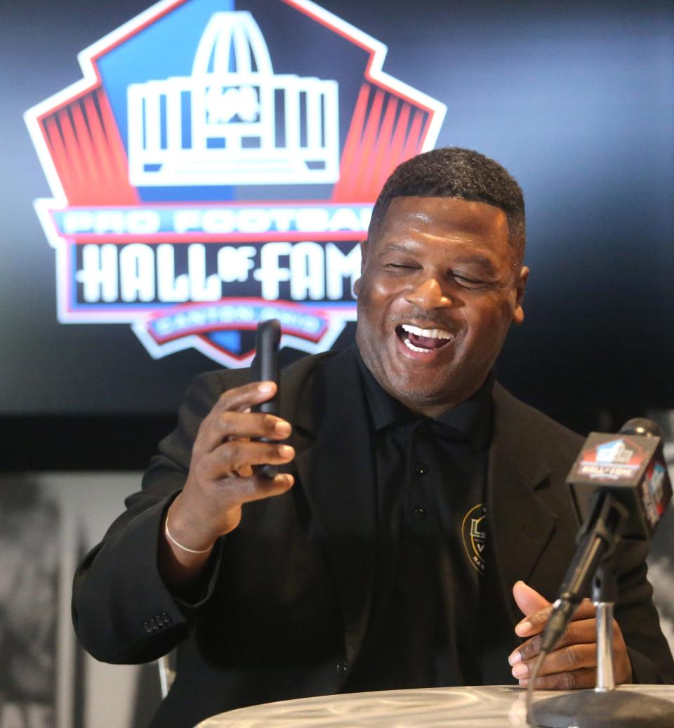 LeRoy Butler speaks to the media at the Pro Football Hall of Fame in Canton on Monday, March 14, 2022. Butler is a member of the Class of 2022.