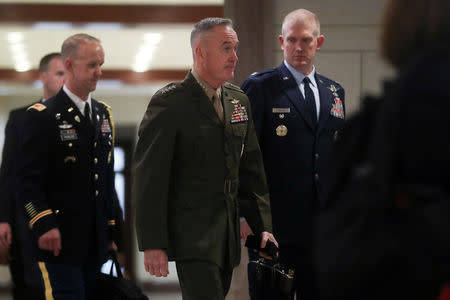U.S. Chairman of the Joint Chiefs Marine Corps General Joseph Dunford arrives to hold a classified briefing on Iran, with Secretary of State Mike Pompeo and acting Defense Secretary Patrick Shanahan, for members of the House of Representatives on Capitol Hill in Washington, U.S. May 21, 2019. REUTERS/Jonathan Ernst