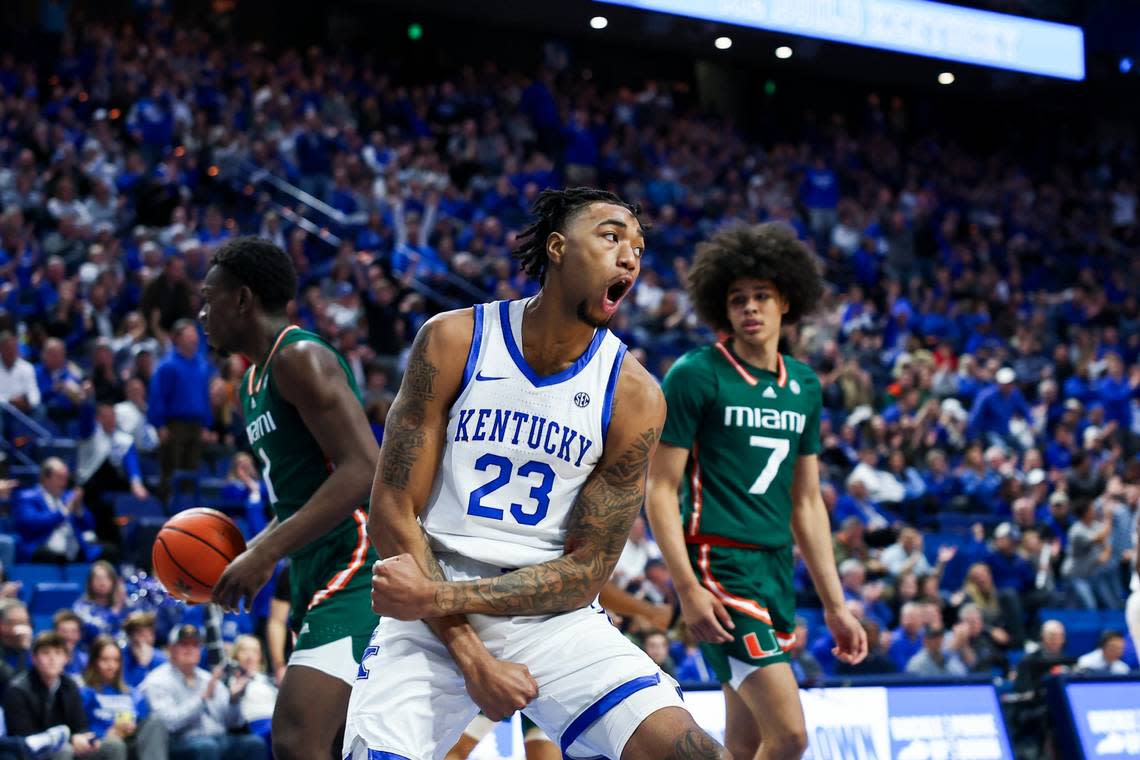 Kentucky freshman Jordan Burks celebrates after a dunk against Miami in the Wildcats’ 95-73 victory over the No. 8 Hurricanes on Tuesday night.