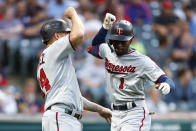 Minnesota Twins' Nick Gordon (1) celebrates with Gary Sanchez after hitting a two-run home run against the Cleveland Guardians during the sixth inning of a baseball game Monday, June 27, 2022, in Cleveland. (AP Photo/Ron Schwane)