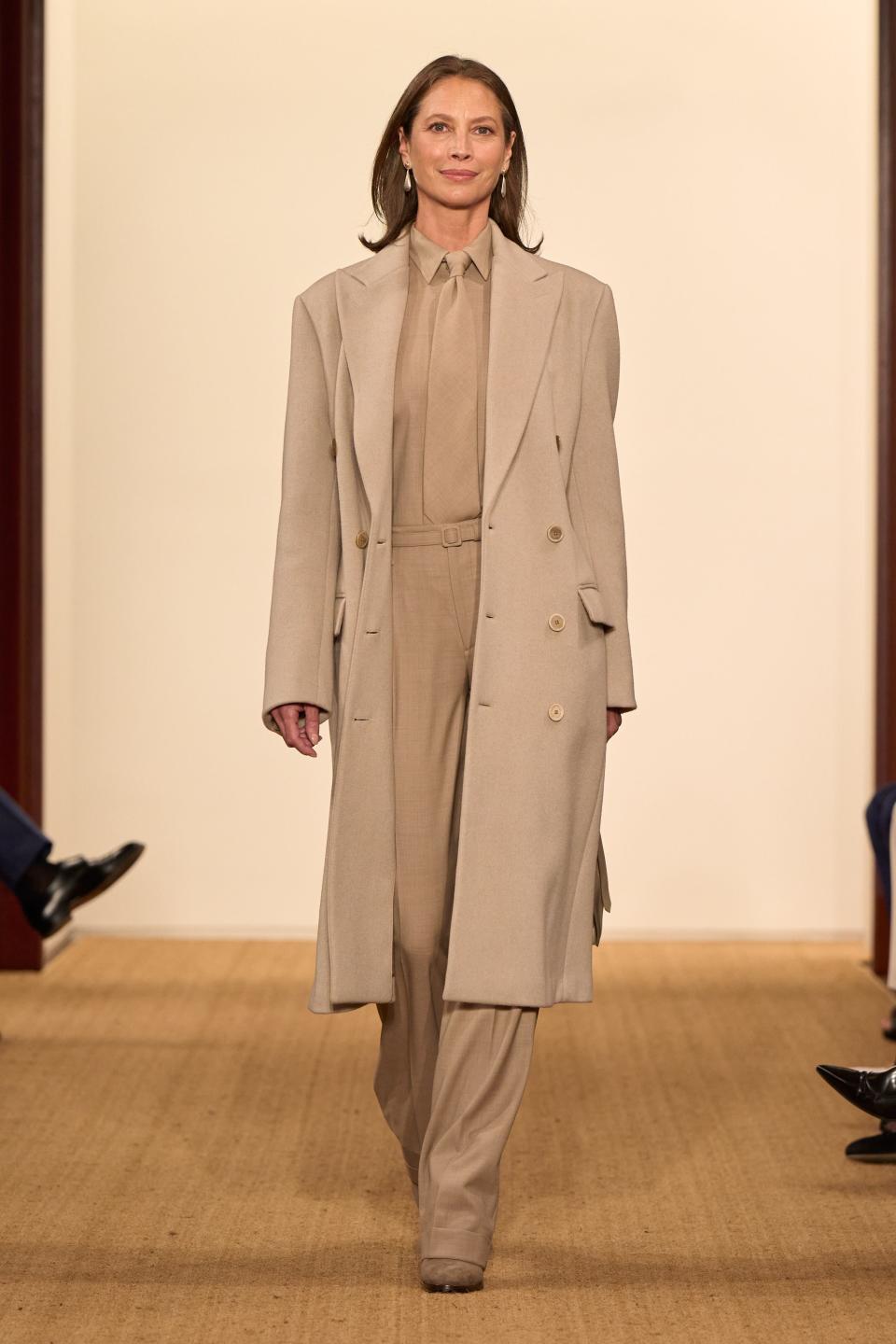 Model Christy Turlington opens the show for Ralph Lauren's fall/holiday 2024 collection on April 29, 2024, in New York.
