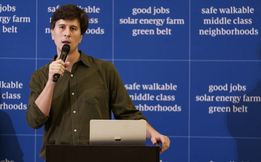 Jan Sramek, founder and chief executive officer of California Forever, speaks during a news conference in Rio Vista on Jan. 17, 2024. (Photo by Philip Pacheco /Bloomberg via Getty Images)