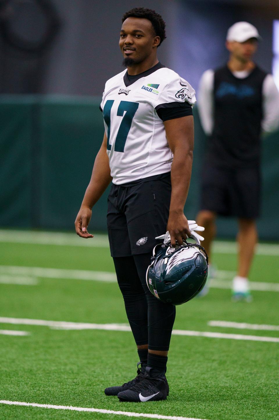 Philadelphia Eagles' Nakobe Dean looks on during NFL rookie football minicamp, Friday, May 6, 2022, in Philadelphia. (AP Photo/Christopher Szagola)