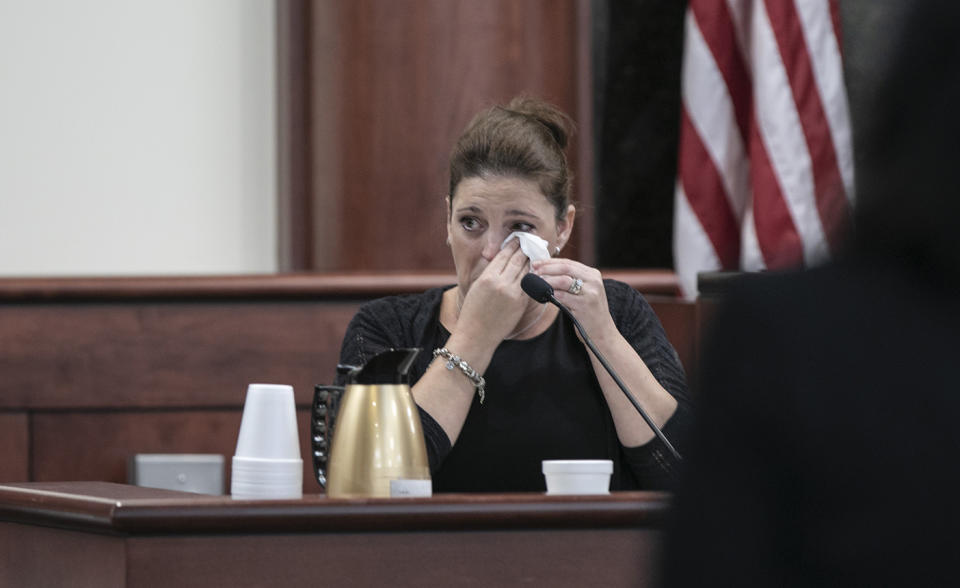 Amber Kyzer, mother of five children who were killed by their father, Tim Jones Jr, in Lexington, South Carolina, cries during the sentencing trial for her ex-husband.