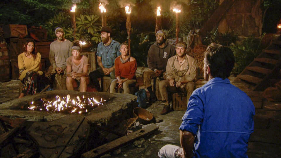 Michele Fitzgerald, Tony Vlachos, Sarah Lacina, Ben Driebergen, Denise Stapley, Jeremy Collins and Nick Wilson at Tribal Council during an episode of "Survivor: Winners at War." (Photo: CBS Photo Archive via Getty Images)