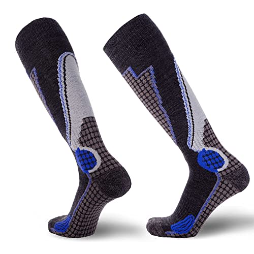 Pure Athlete High Performance Wool Ski Socks - Thermal Warm Merino Wool OTC Sock, Men Women (1 Pair - Black/Grey/Blue, Large)