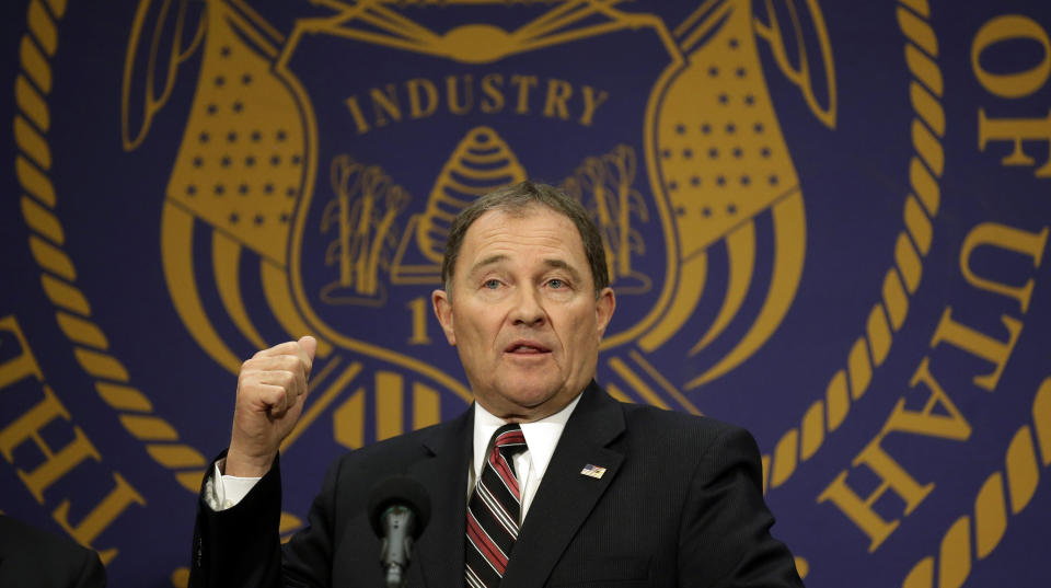 Utah Gov. Gary Herbert makes remarks during Medicaid expansion news conference Thursday, Feb. 27, 2014, in Salt Lake City. Herbert announced he wants to reject a full Medicaid expansion, and instead seek federal dollars to cover the poor. Herbert made the announcement Thursday afternoon, saying the state has an obligation to cover the poor by plugging a hole in the safety net. (AP Photo/Rick Bowmer)