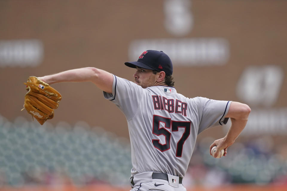 Cleveland Guardians starting pitcher Shane Bieber throws during the second inning of a baseball game against the Detroit Tigers, Wednesday, July 6, 2022, in Detroit. (AP Photo/Carlos Osorio)