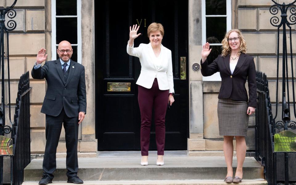 Patrick Harvie, Nicola Sturgeon and Lorna Slater at Bute House